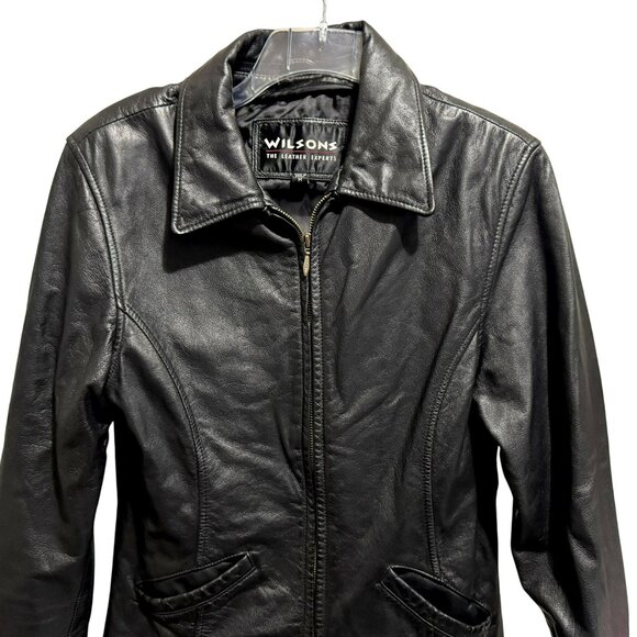 Wilsons Vtg 80's Black Leather Zip Front Jacket Sz M Fitted Pockets Lined Retro - Picture 2 of 5